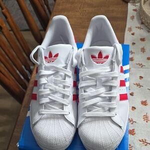 Adidas White Sneakers with Red Stripes